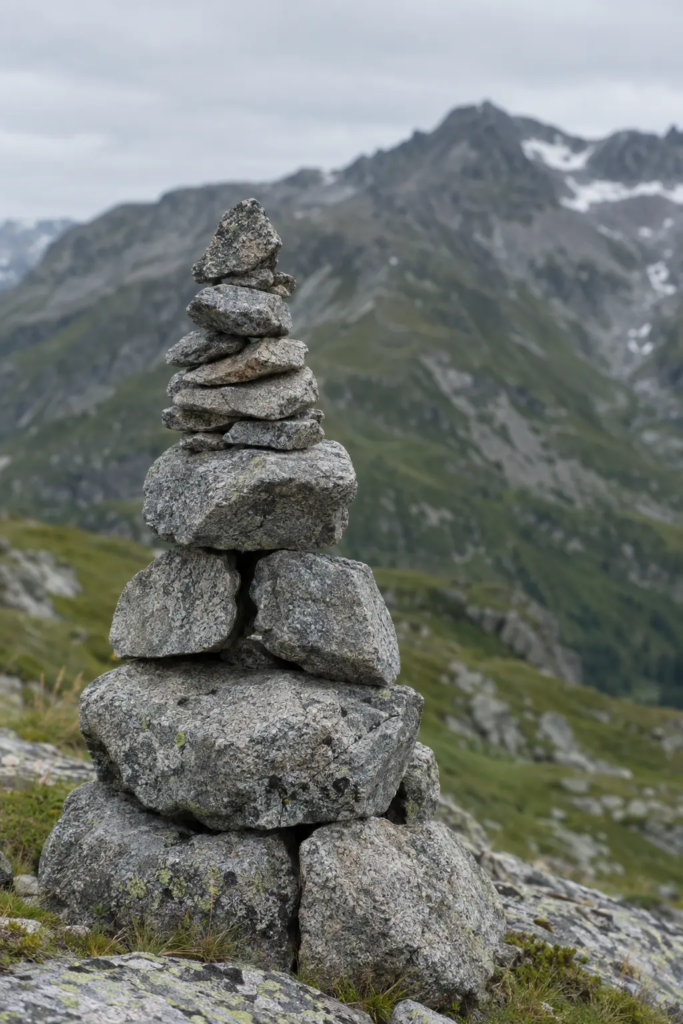 Cairn de pierres empilées sur une crête de montagne