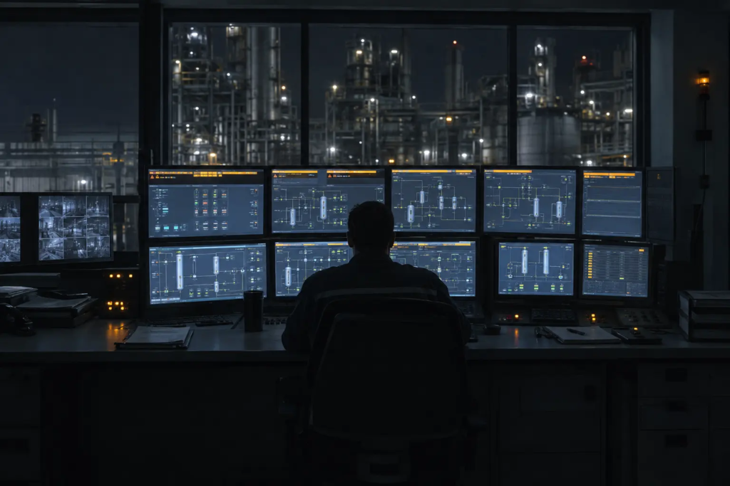 Salle de contrôle industrielle de nuit, écrans de supervision allumés
